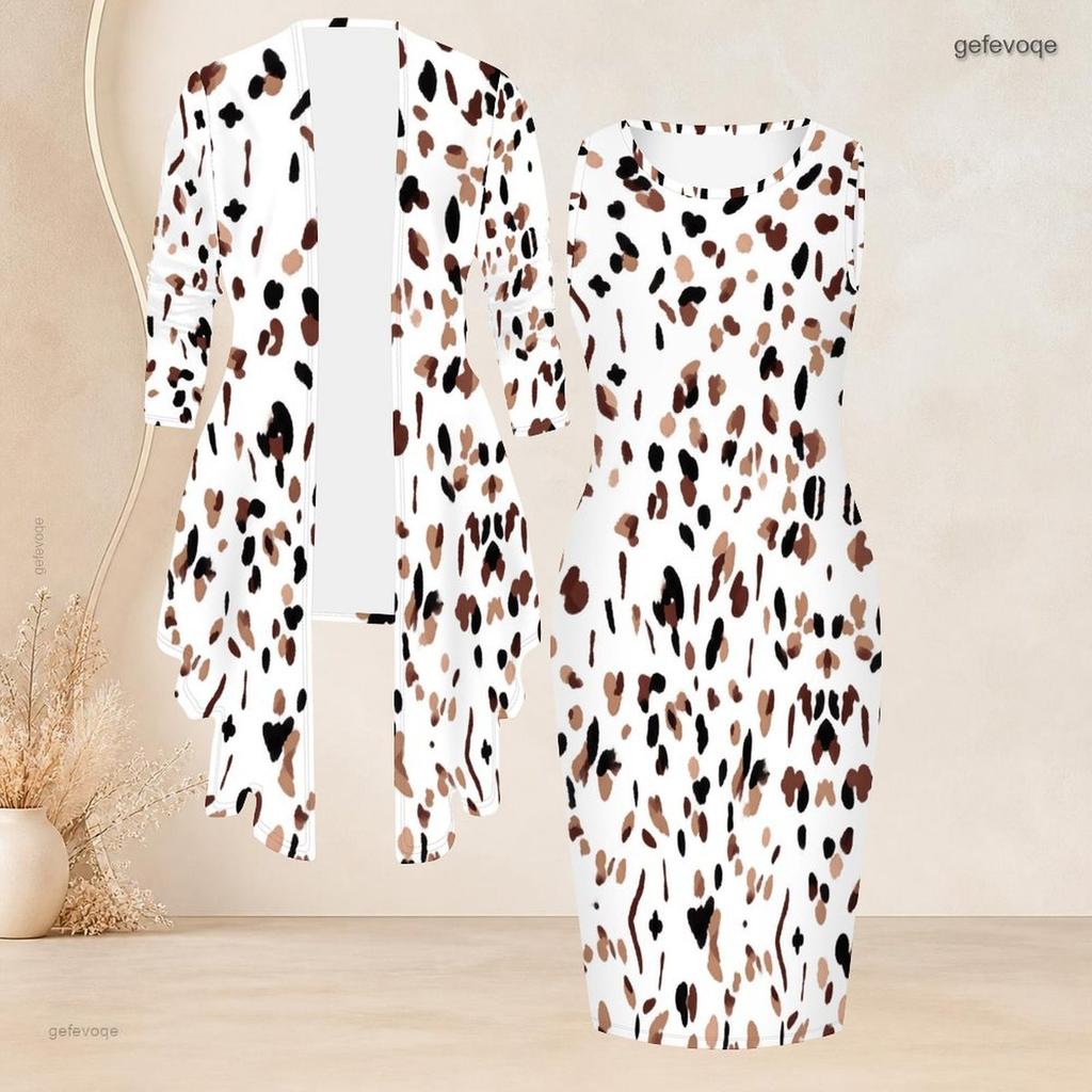 Women Plus Size Two Piece Set Printed Sleeveless Bodycon Dress And Three Quarter Sleeve Draped Cardigan