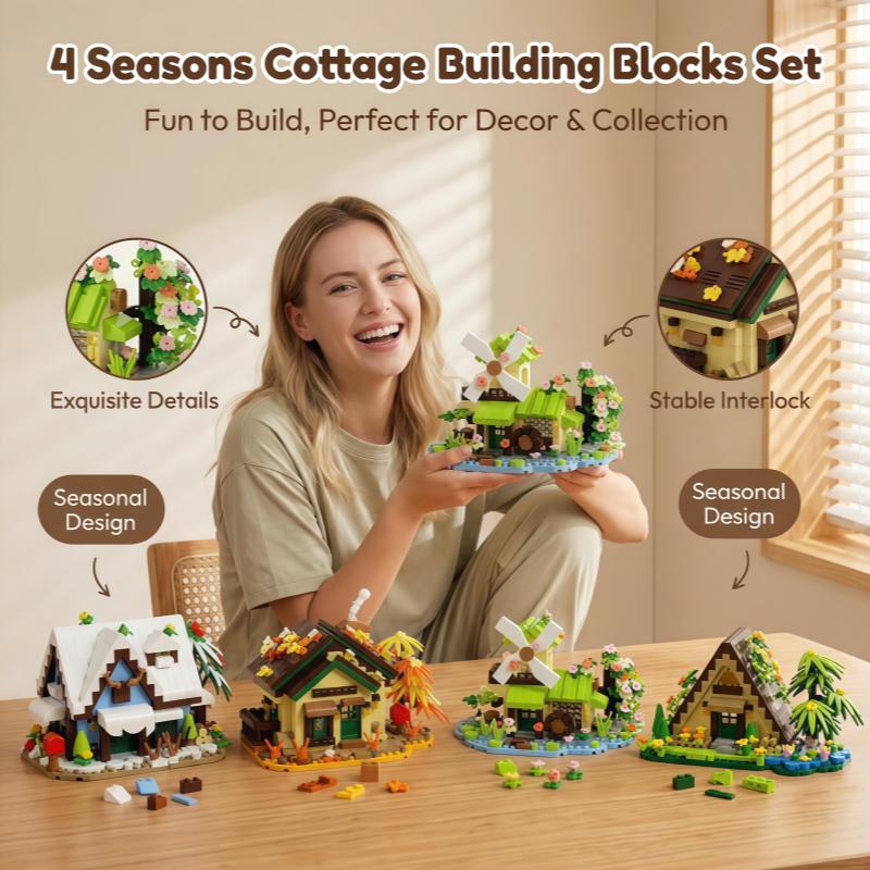 Four Seasons Cottage Building Block Set, Retro Mini House Model Kit with Windmill, Collectible DIY Assembly Toy for Adults, Idea