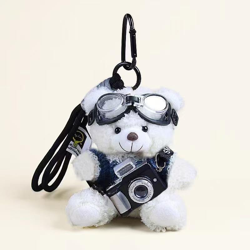 Cute Plush Brown Bear Keychain With Camera & Glasses Backpack Doll Pendants Couple Keyrings Handbag Charms Bag Accessories Set