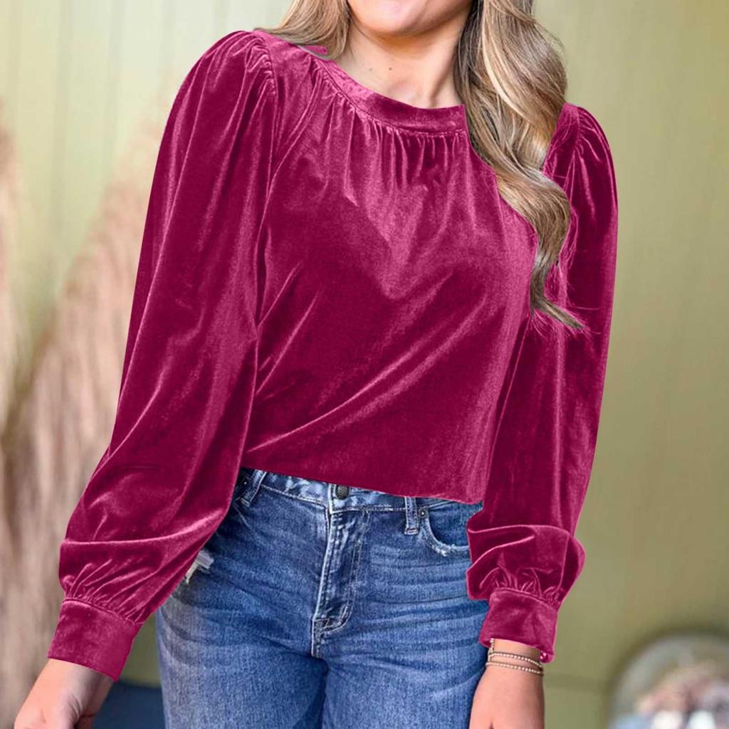 Women's Loose Gold Velvet Solid Color Pullover Round Neck Long Sleeve Top Casual Shirt