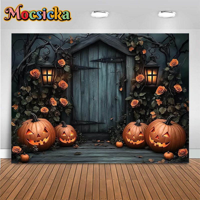 Mocsicka Halloween Backdrop Photography Rose Grey Wooden House Door Decoration Fall Pumpkin Party Photo Background Studio Banner