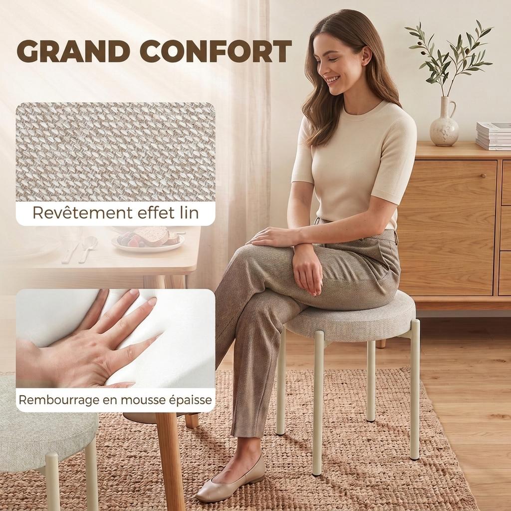 Stackable Stools, Set of 4, Round, Padded Seat, No Backrest, 45 x 45 x 47.5 cm, Cream