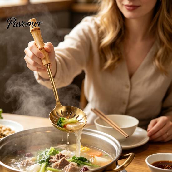 Heat Resistant Bamboo Handle Spoons Stainless Steel Hot Pot Spoon/Colander, Handles Comfortable Grip Soup Spoon, Easy Cleaning Mirror Polished Serving