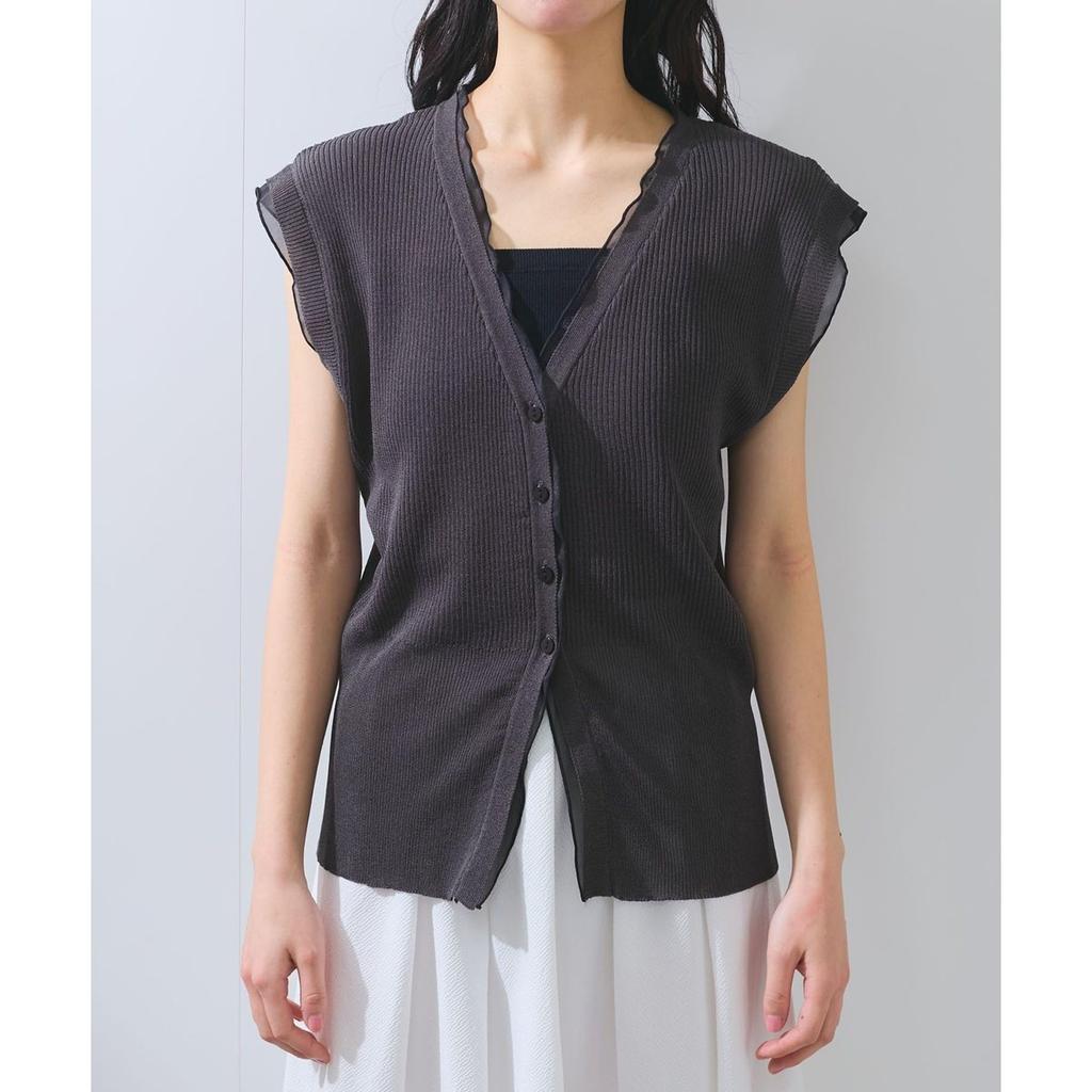 VIS Women's Sheer Ruffle Summer Knit Vest V-Neck Sleeveless Cardigan Charcoal One Size