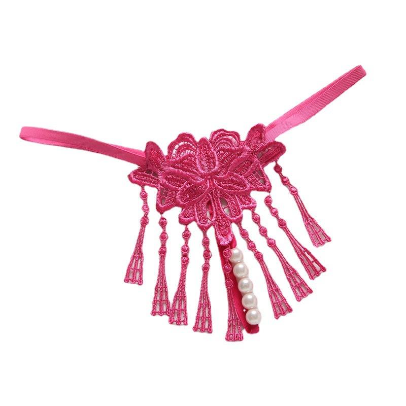 Women Sexy Panties Lace Breathable T-back Briefs Imitation Pearl Flower Embroidered Tassel Panties Temptation Intimates