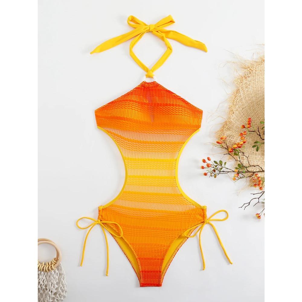 

Sexy Orange Gradient Swimsuit Women Hollow Out Backless Lace One Piece Swimwear 2026 Beach Bathing Suit Drawstring Side Monokini XL помаранчевий