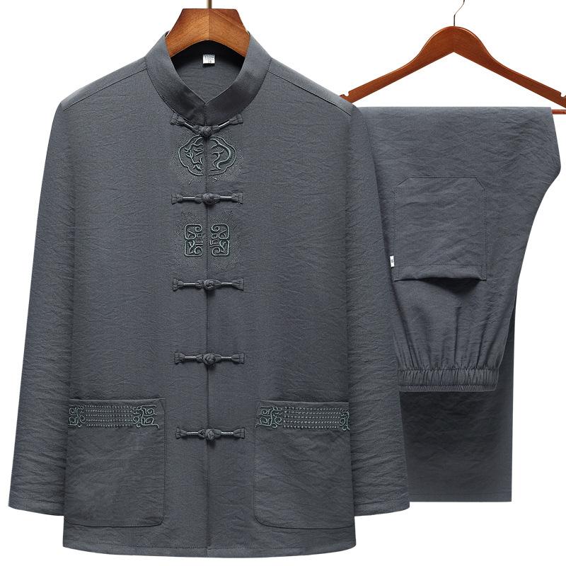 

Мужской винтажный костюм в китайском стиле Чжуншань, куртка с длинным рукавом + брюки, комплект из двух предметов 190 темно-серого