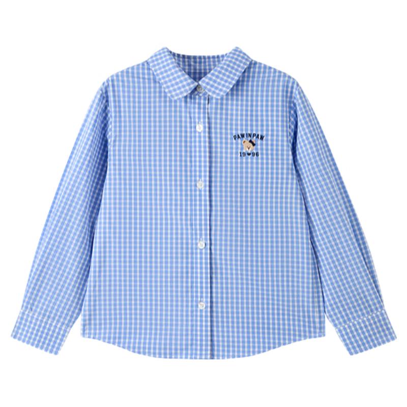 PawinPaw Girls' Cool-Touch Cartoon Bear Plaid Lapel Shirt