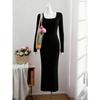 European & American Square Neck Long Sleeve Black Dress for Spring/Summer