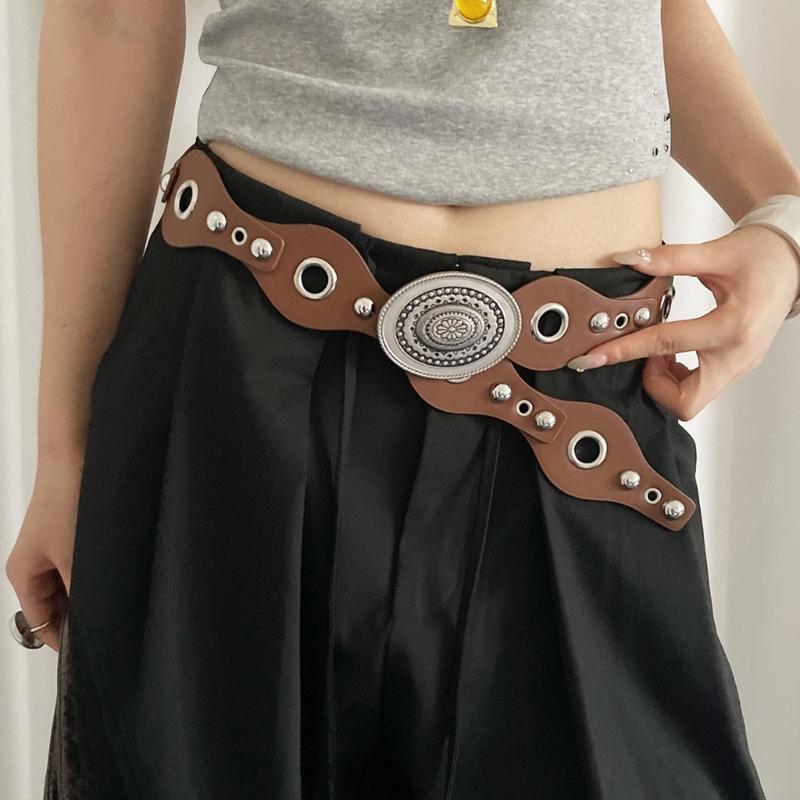 Retro Cowgirl Belt with Studded Detail Adjustable Western Design Sash PU Leather Waist Strap for Women Casual Outfits