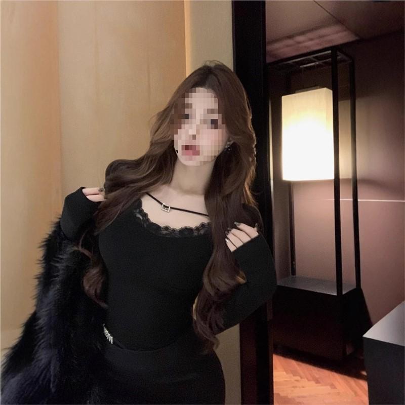 

Кружевной черный облегающий топ с длинным рукавом для женщин - стиль Чистое желание на осень/зиму XL чёрный