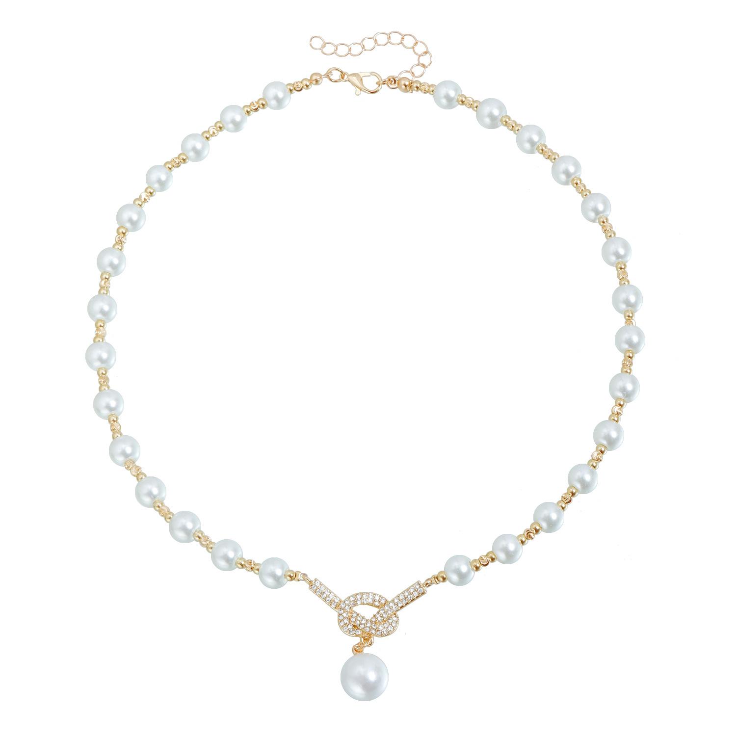 Vintage diamond-encrusted pearl bow Y-shaped necklace ins design sense splicing necklace золотой