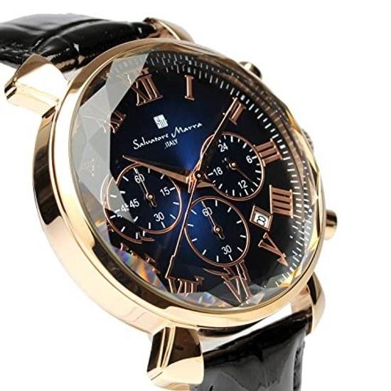 Salvatore Mara Wristwatch Multi-faceted Cut Glass Chronograph Leather Strap Gradient Mens Green Blue Black SM19104-PGBLBK