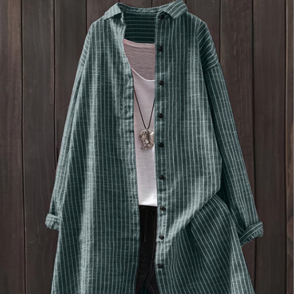 Umělecké pruhované košile střední délky s dlouhým rukávem nadměrné velikosti s kapsou dámské halenky a košile