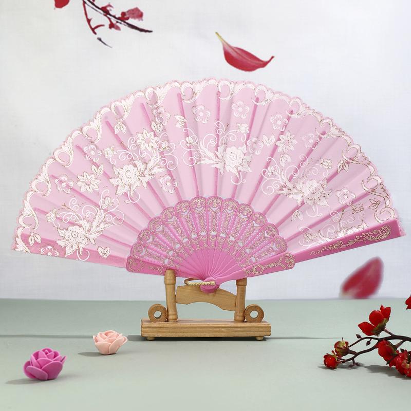 Vintage Folding Fan Chinese Style Dance Performance Hand Fans Gold Powder Plastic Fan Art Craft Gift Home Decor