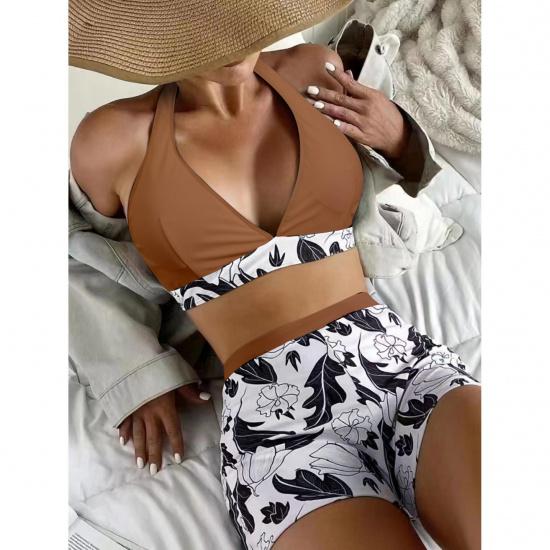 Swimsuit Women's Deep V Neck Split High Waist Flat Angle Lace Up Print Solid Color Swimwear