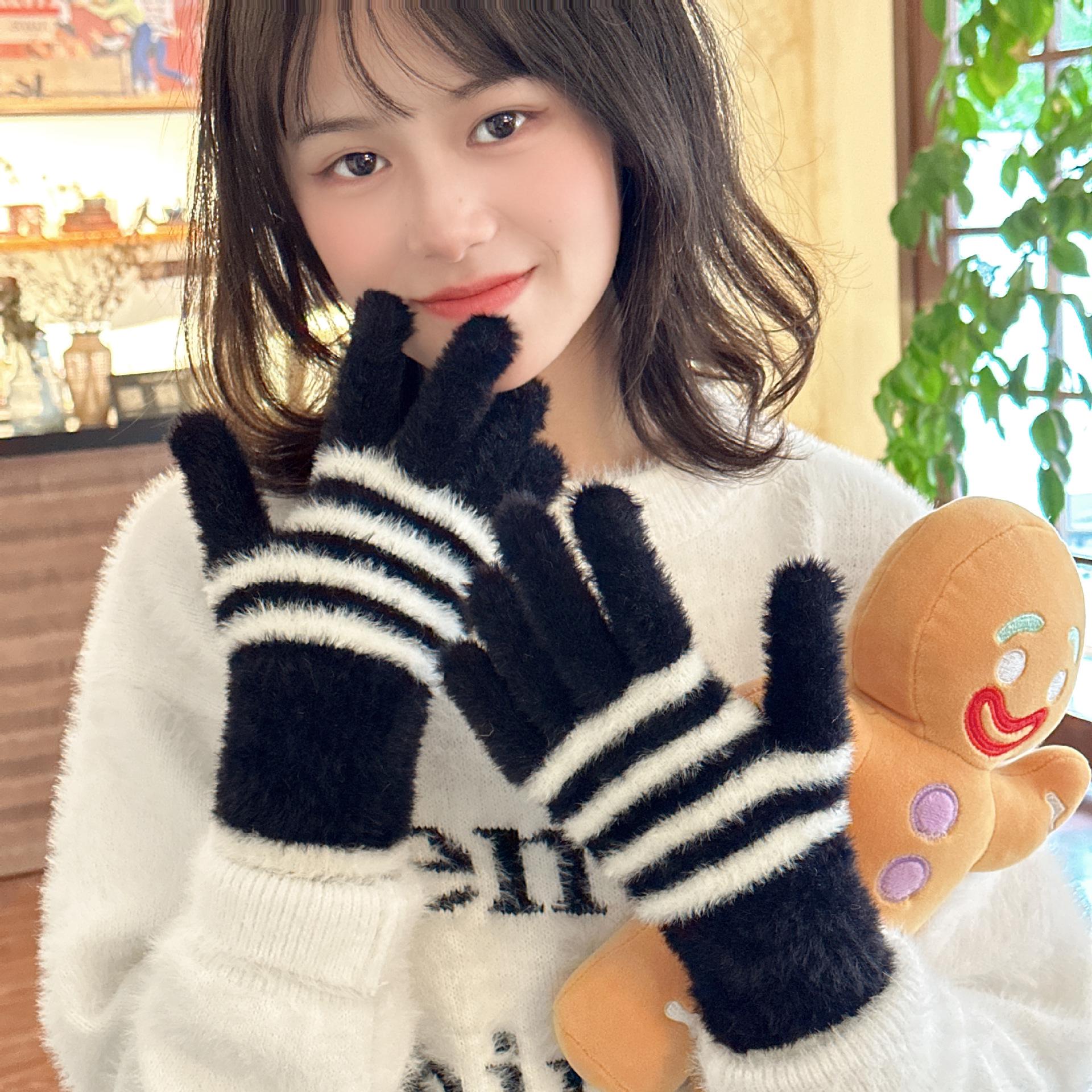 Luochi Plush Wool Knit Striped Fingerless Cycling Touchscreen Gloves
