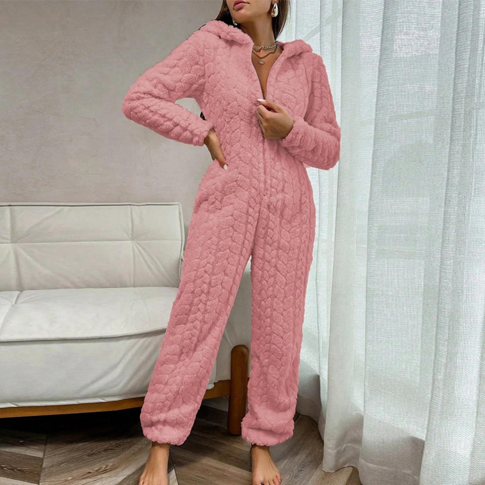 

Women s Fashion Solid-Color Homewear Plush Comfortable One-Piece Pajama XL розовый