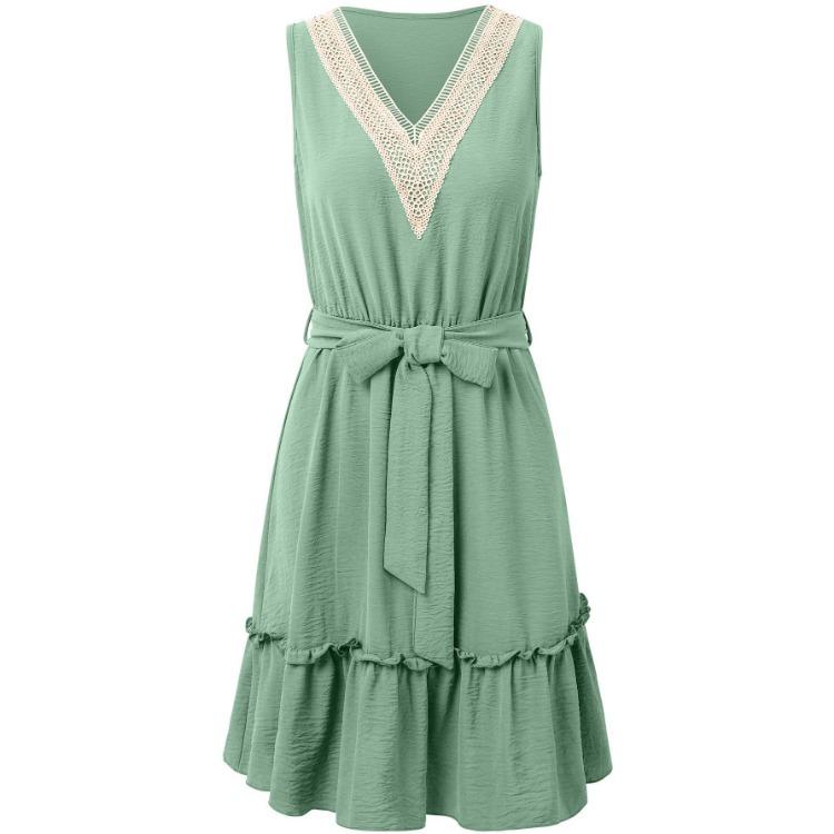 Γυναικείο Casual Καλοκαιρινό Φόρεμα Αμάνικο V-Neck Γραμμή Α Ψηλόμεσο Πάνω από το Γόνατο Κοντό Ζώνη Μονόχρωμο Δαντέλα Ανοιξιάτικο Φόρεμα S-XL