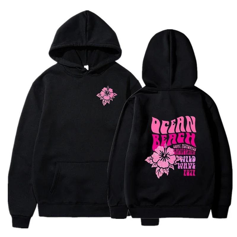 Women Fashion Casual Hoodies Ocean Beach Flower Slogan Front Back Pink Sweatshirts Beach Aesthetic Pullover Hoodie Trip Tops