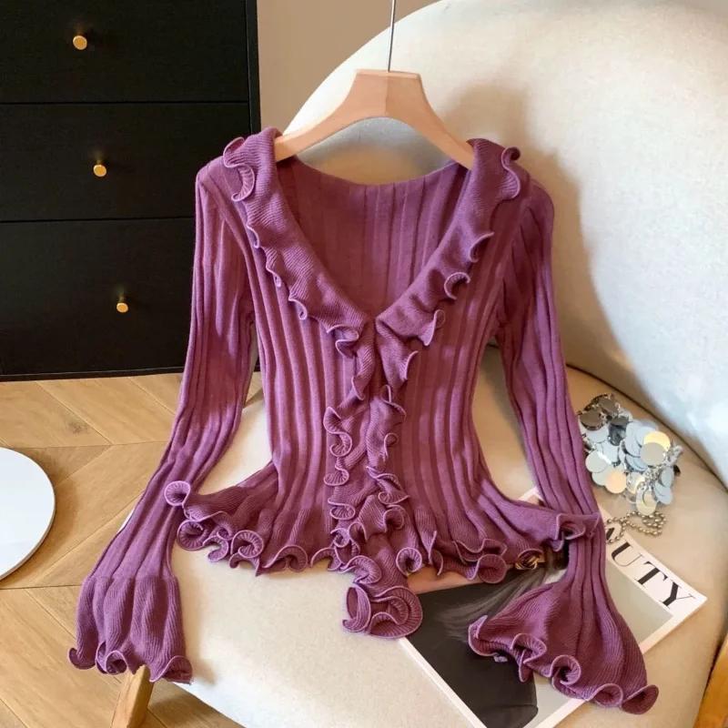 Autumn Winter New Flared Sleeves V-neck Temperament Sweater Top French Ruffle Knitted for Women