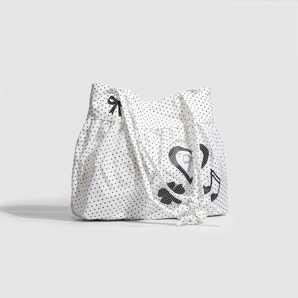 Fashion Canvas Shoulder Bag Korean Simplified Polka Dot Print Crossbody Bag Solid Color Large Capacity Tote Bag Women