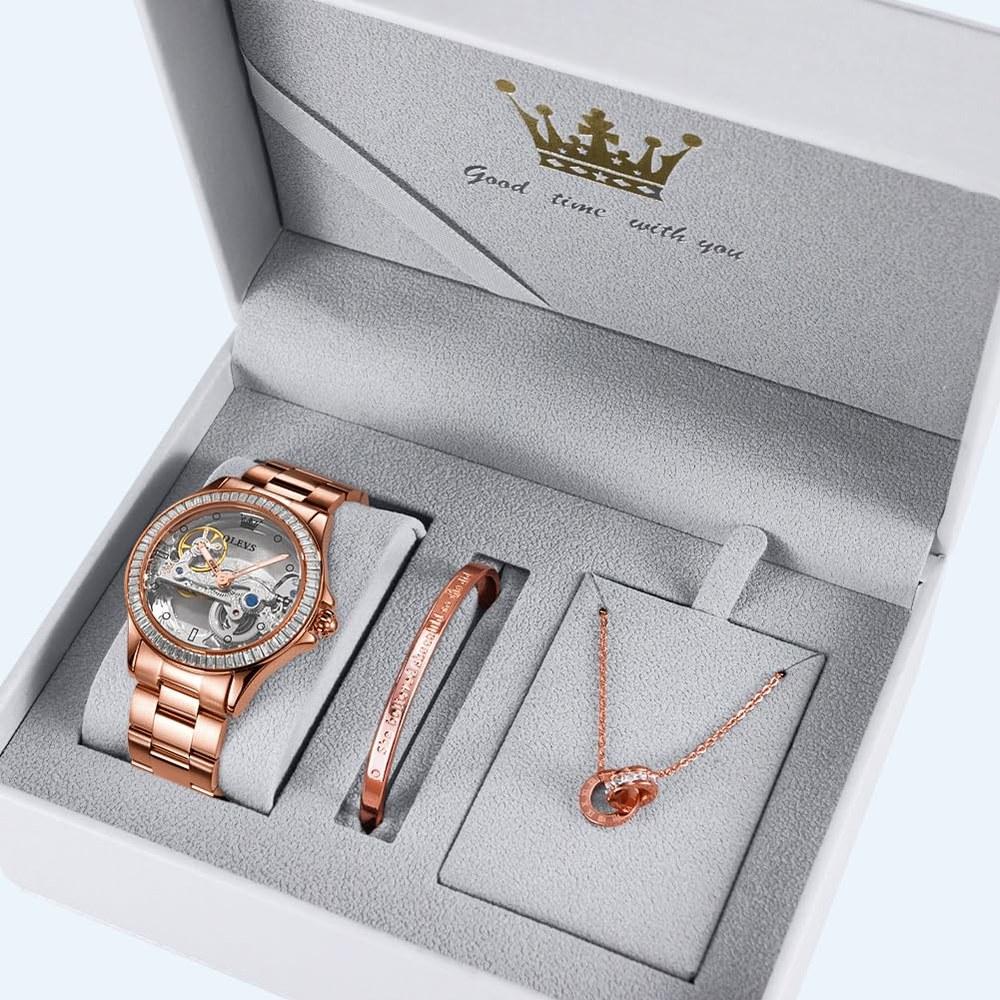 OLEVS Swiss Ladies Watch Automatic Self-Winding Mechanical Bracelet Set Sapphire Crystal Dress Waterproof Stainless Steel Rose Gold Classic