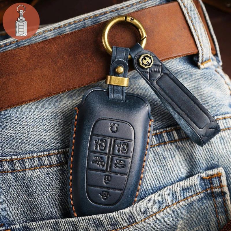 Leather Car Key Case Cover Fob Protect for Hyundai 3/4/5/7 Buttons Top Layer Leather