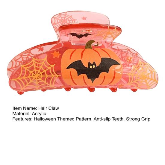 Hair Claw for Women, Halloween Themed Hair Clip with Pumpkins Bats Skeletons Prints, Transparent Acrylic Shark Hair Claw, Comfortable Fit Hair