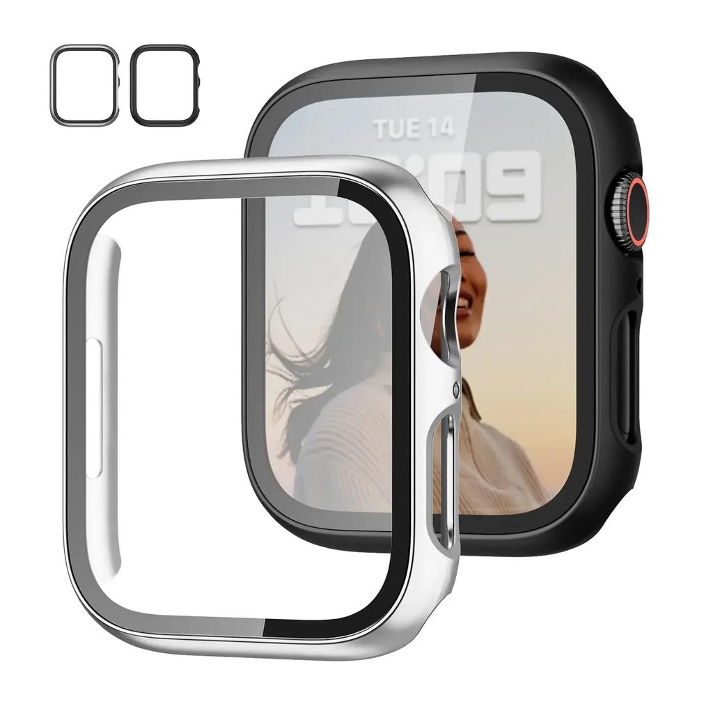2PCS Tempered Glass+cover For Watch Case 44mm 40mm 42mm 41mm 45mm PC bumper Screen Protector iWatch series 9 8 7 6 5 3 se