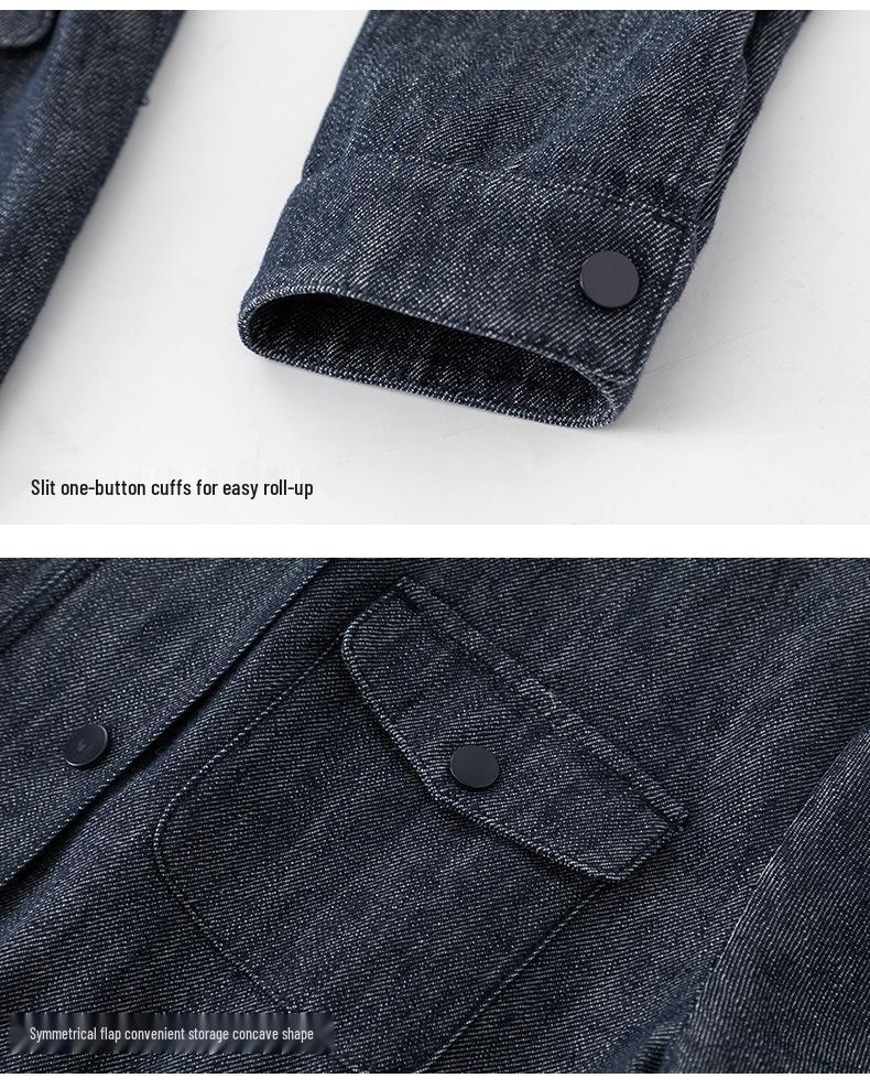 Xin Ge Blue Linen Workwear Jacket with Drawstring Waist and Multi-Pockets