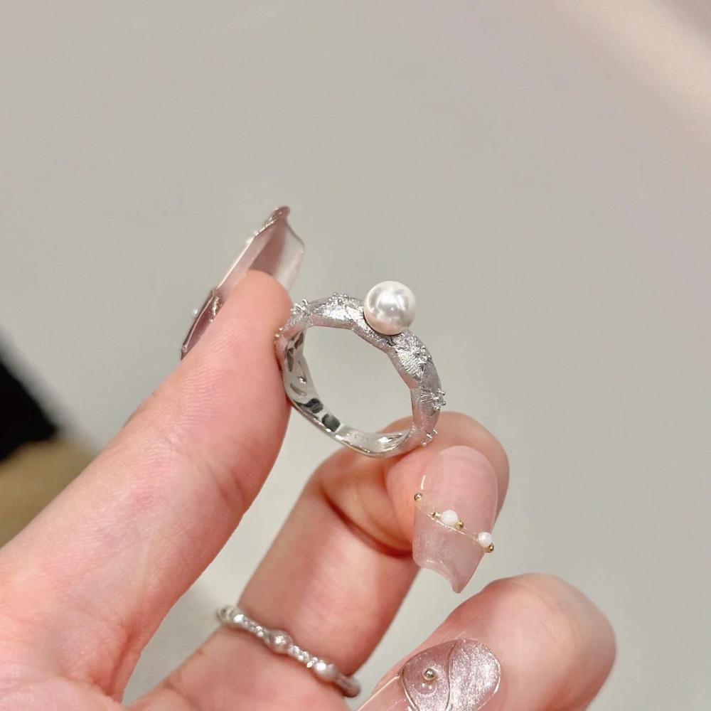 

Vintage Handmade Brushed Pearl Ring for Women Minimalist Elegant Glass Pearl Jewelry adjustable