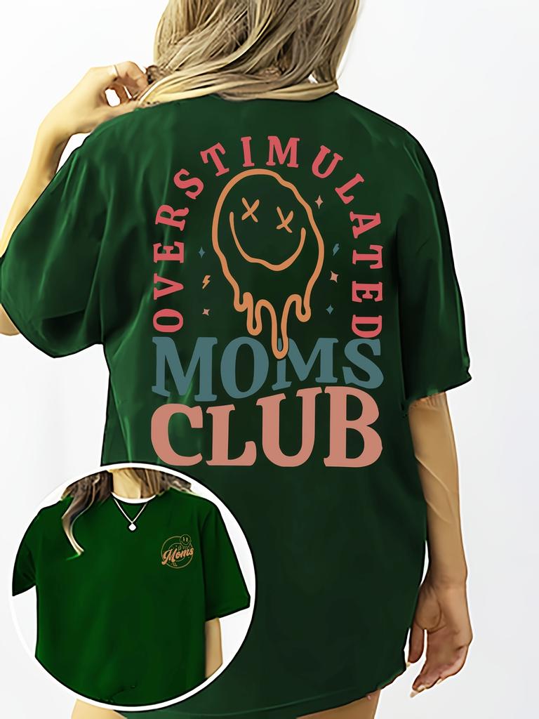 Overstimulated Moms Club Women's Tee - Funny Mom Life Graphic, Casual Black Oversized Top