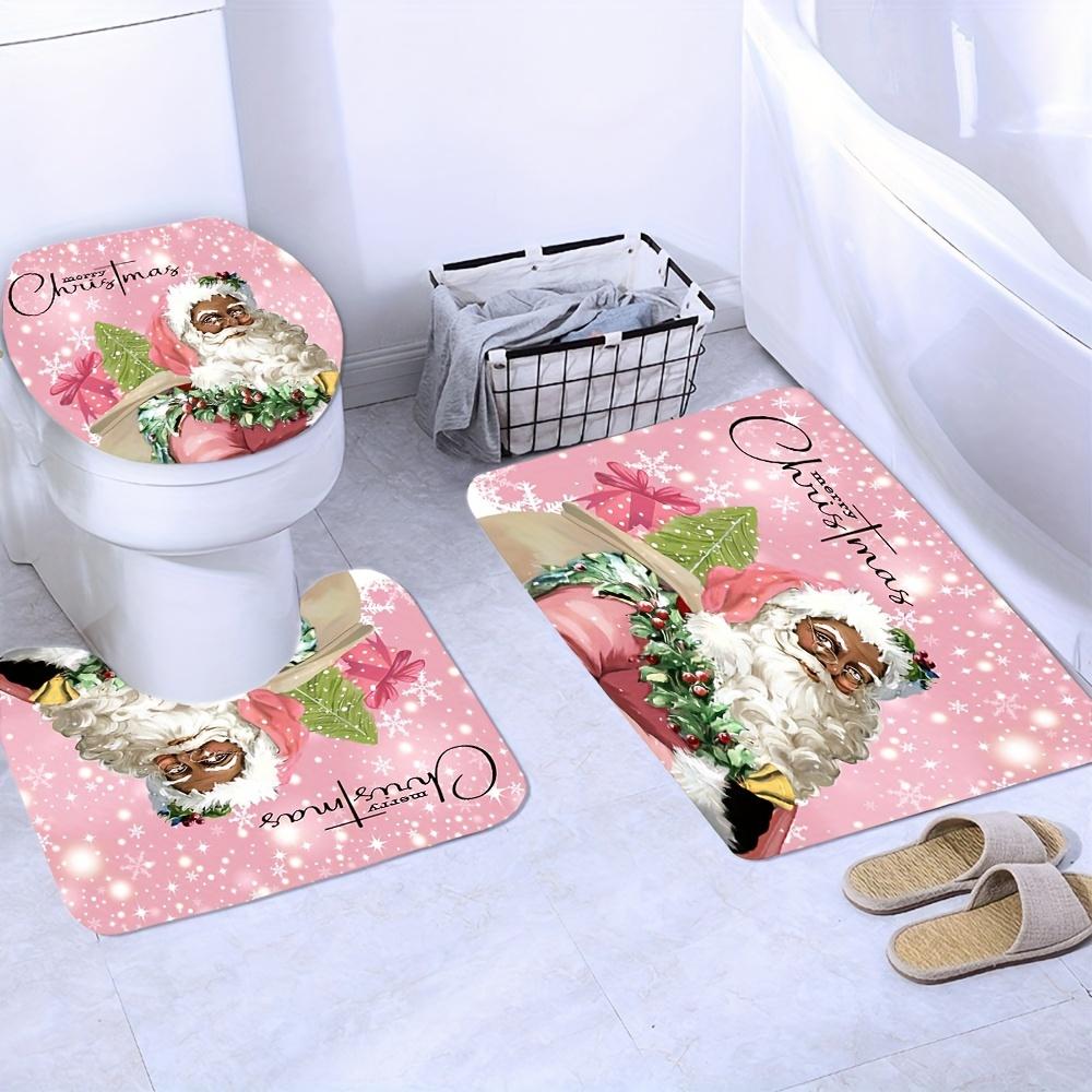 4-teiliges Weihnachtsmann-Duschvorhang-Set, wasserdichter Duschvorhang mit 12 Haken an der Rückseite, Badezimmermatte, U-förmiger WC-Vorleger, WC-Deckel-Pad