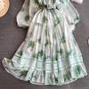 Herbst Vintage Frauen Floral Bedruckte Patchwork Lange Kleid Elegante V-ausschnitt Puff Ärmel Aushöhlen Saum Urlaub Strand Vestidos Neue
