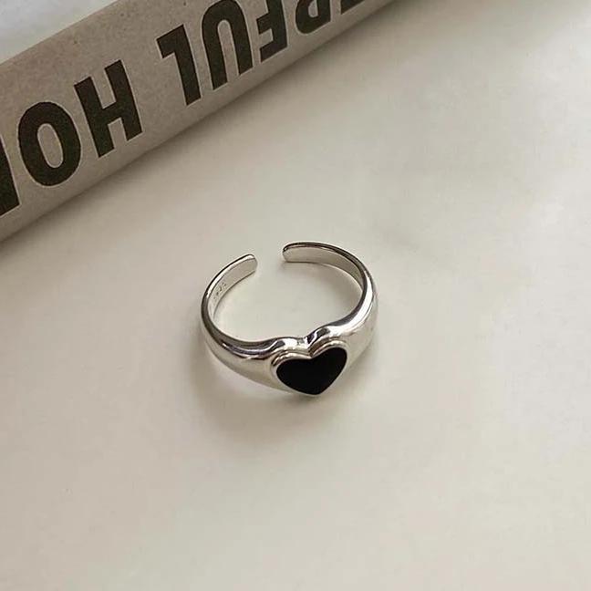 

Vintage Black Enamel Love Heart Couple Ring for Men Women Personality Adjustable Opening Stainless Steel Ring Jewelry Accessory resizable