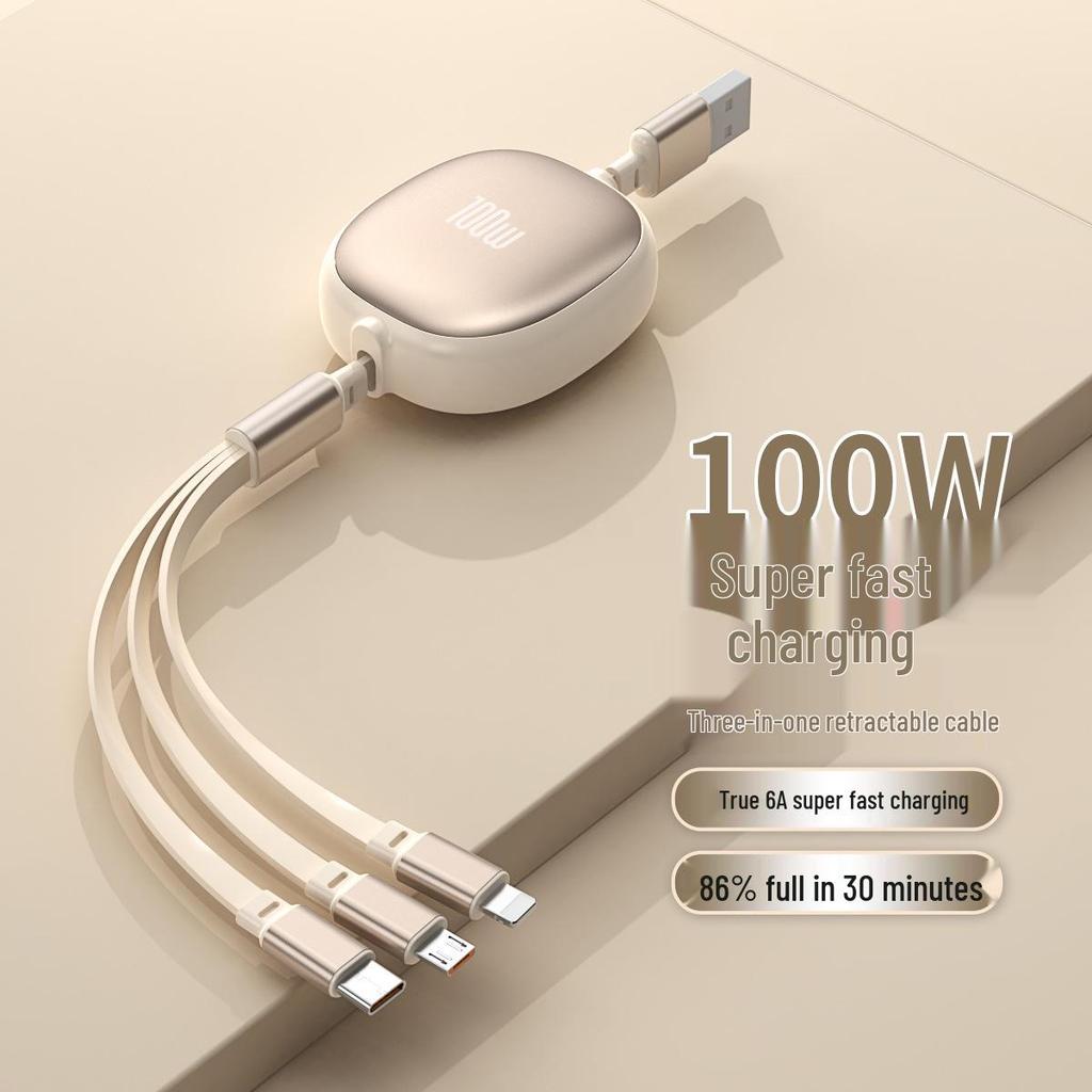 100W Retractable 3-in-1 Fast Charge & Data Cable for Apple, Huawei, Android – PD Charging Compatible.