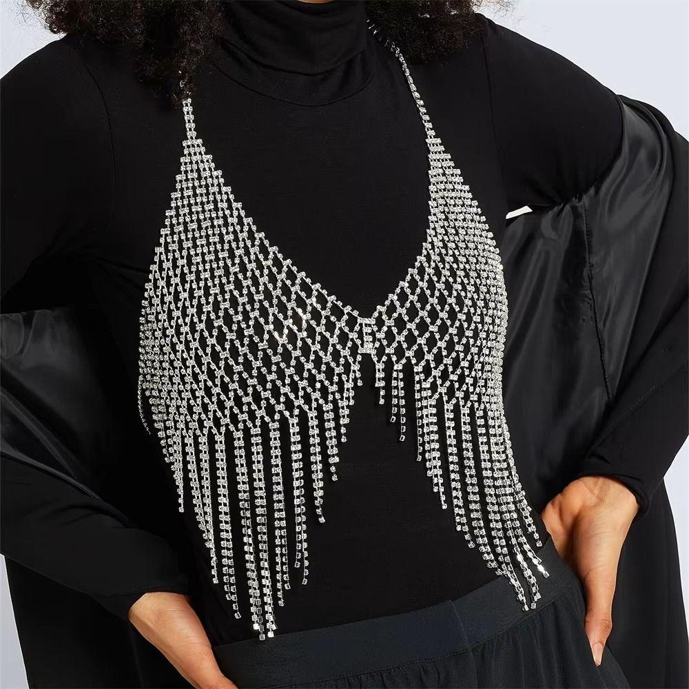 Luxury Mesh Tassel Bra Chain for Crop Top Sparkling Crystal Lingerie Body Chain Jewelry  Women