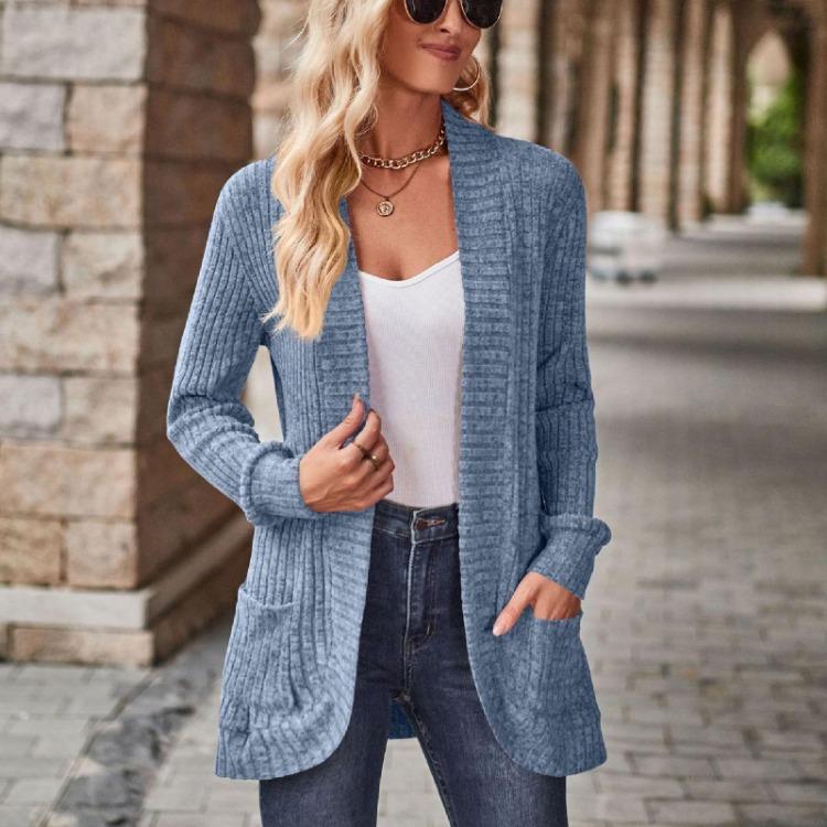 Ladies Long Sleeve Solid Color Cardigan Sweater Coat Top for Women