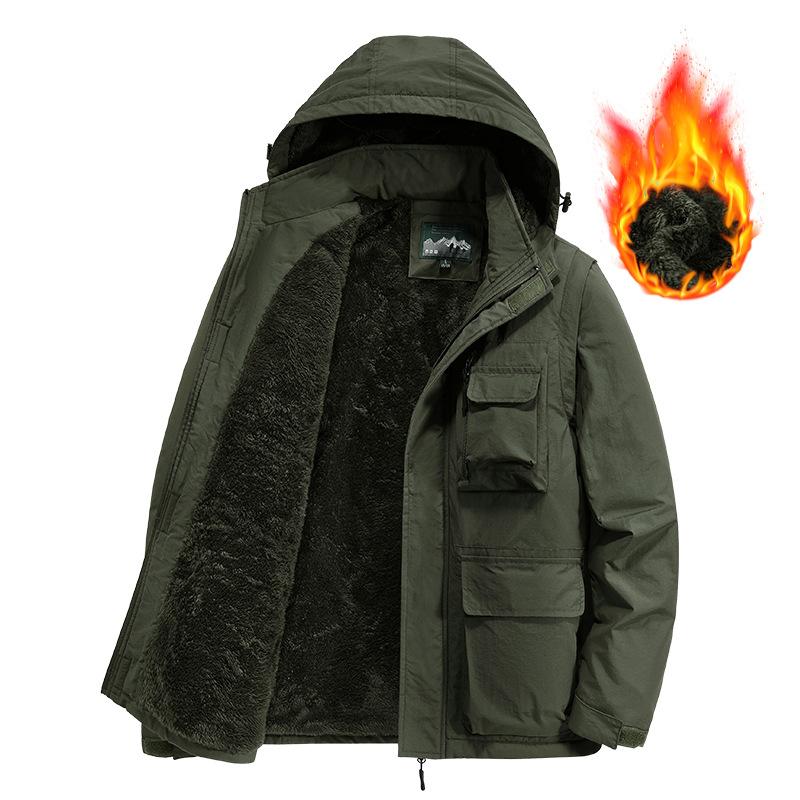 Winter Velvet Thickened Multi-pocket Cotton-padded Jacket Casual Detachable Sleeve Tooling Cotton-padded Jacket