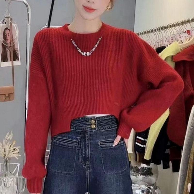 Långärmad oregelbunden stickad tröja dam höst 2023 lös o-ringad solid unik kort vår- och hösttröja dam