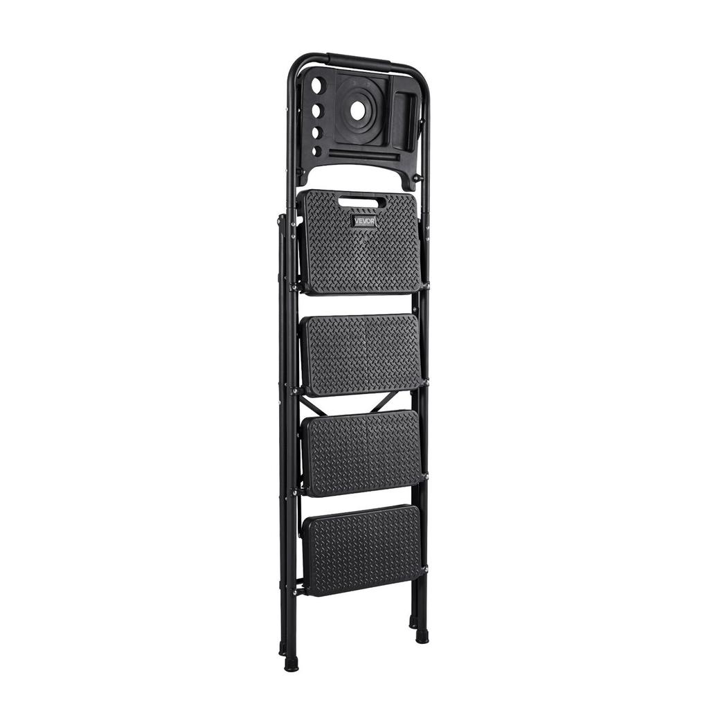 Échelle à 4 marches, Marchepied pliant avec large pédale antidérapante, Plateau à outils, Poignée de confort, Capacité de 272 kg, Échelle portable en acier, Multi-usage pour