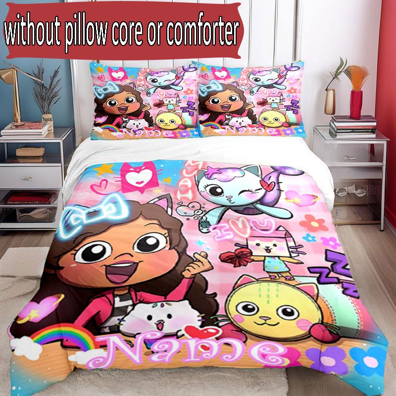 Set copripiumino 3 pezzi (1*Copripiumino + 2*Federe, Senza Nucleo), Set Biancheria da Letto Personalizzato con Nome e Motivo di Gabby's Dollhouse, Regalo Decorazione Camera da Letto
