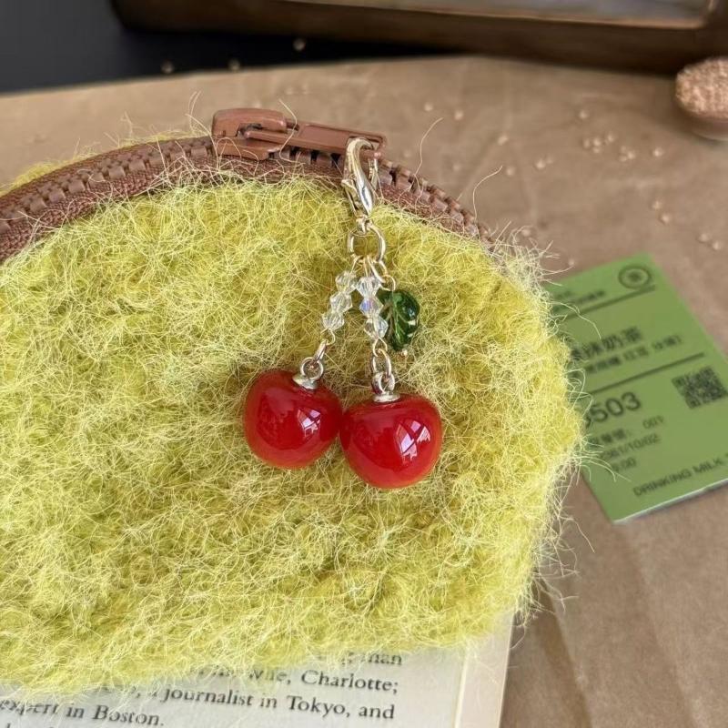 3D Red Cherry Keychain Glossy Sparkly Crystal Beads Gold Clasp Lovely Backpack Charm for Teen Girls