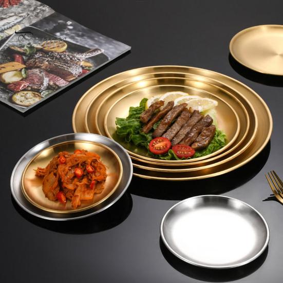 Stainless Steel Dinner Plates Round Salad Serving Plate Easy To Clean Pizza Fruit Bowl for Home Kitchen Outdoor Camping BBQ