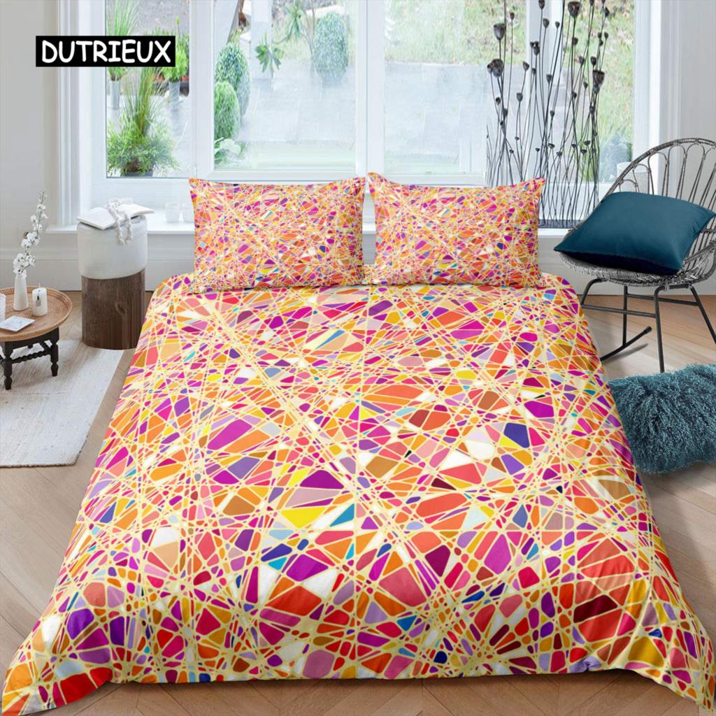 Red Glowing Polygonal Grid Pattern Bedding Set, 135×200 Duvet Cover Set With Pillowcase, 260×220 Quilt CoverBlack Blanket Cover