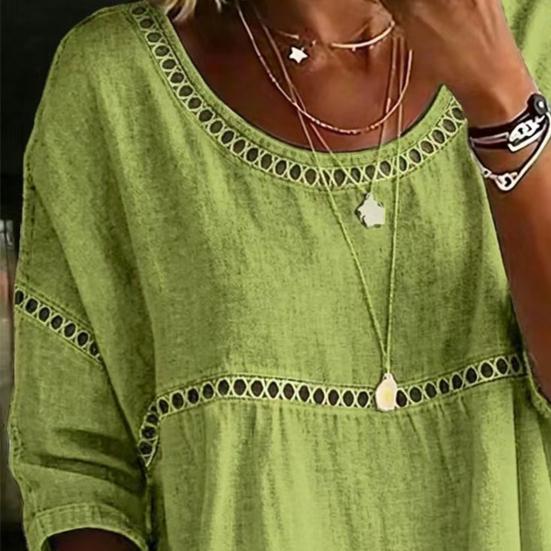 Women Tops Round Neck Half Sleeve Loose Fit Tee Shirt Pure Color Hollow Design Soft Stretchy Blouse Daily Wear