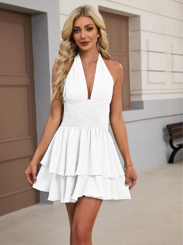 2026 European-American Women's Dress: Waist Shirring Halter Neck Off-the-Shoulder V-Neck Slimming Jacquard Skirt