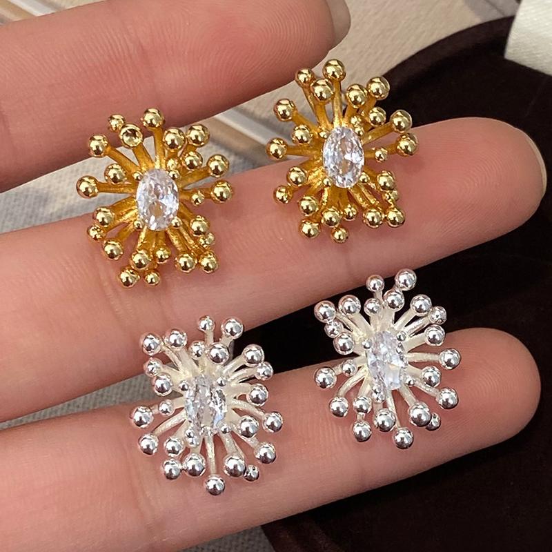My Fine Jewelry Women's Silver/Gold Ponykiss Sterling 18K Zircon Fireworks Flower Stud Earrings For Cute Fine Personality Accessories