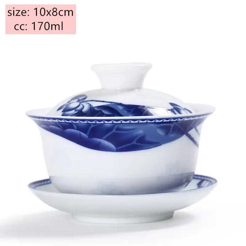 Jingdezhen White Porcelain Gaiwan Tea Cup Blue and White Porcelain Tea Maker Ceramic Handpainted Tea Bowl Tea Set Supplies